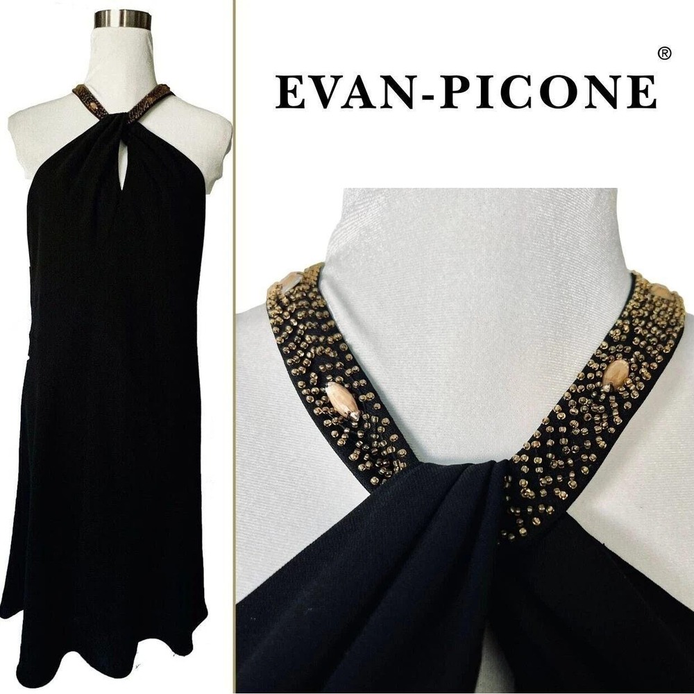 VTG 90s‎ Evan Picone Womens Black Beaded Cocktail Dress Size 16 LBD Formal Event